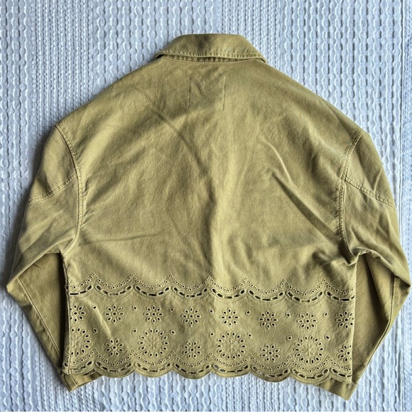 Zara Warm Olive Utility Shirt Jacket Floral Eyelet Scalloped Hem, Size Medium - Picture 4 of 5